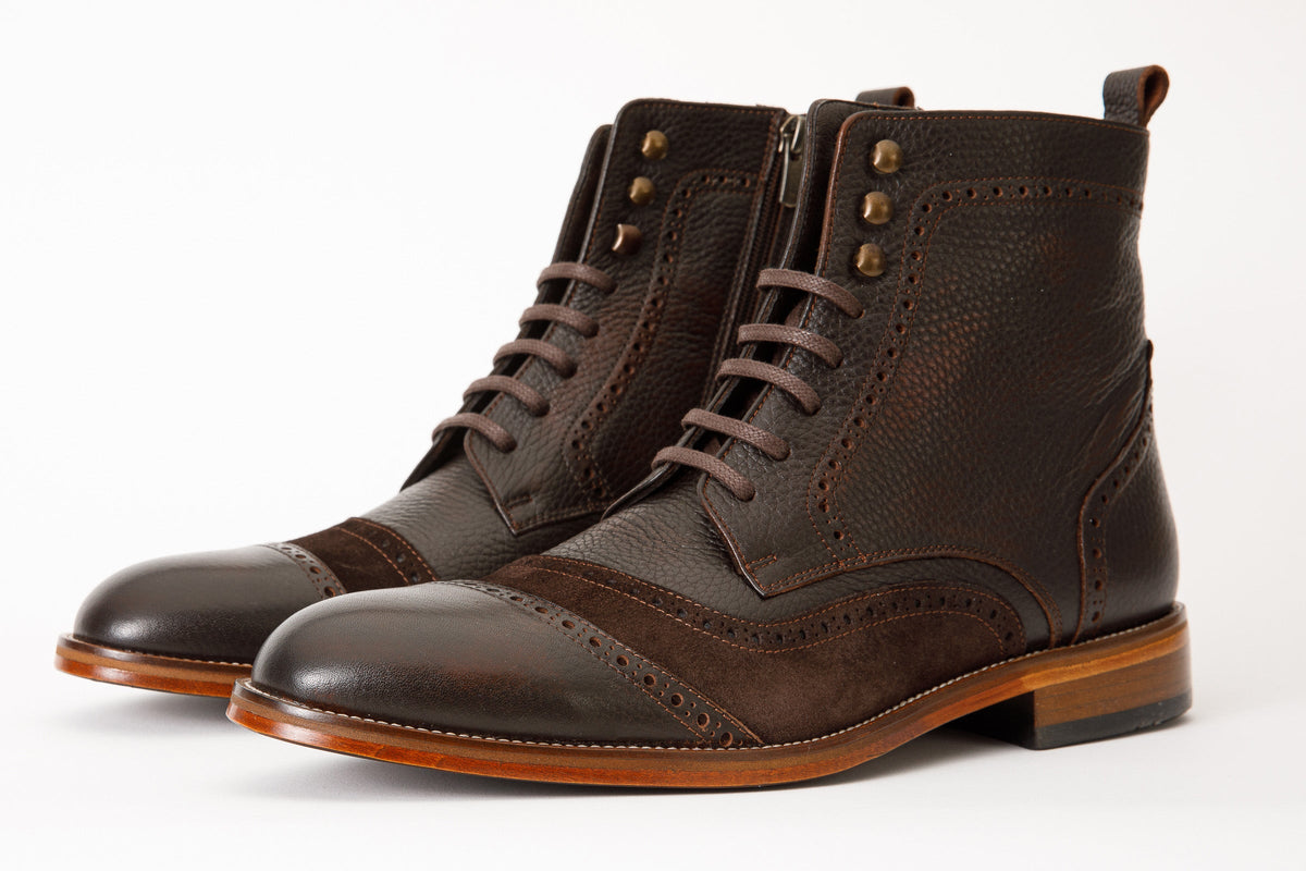 Vinci Leather The Anderson Brown Leather & Suede Brogue Lace-Up Men Boot with a Zipper – product view 3