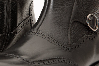 The Rand Black Leather Double Buckle Brogue Men Boot with a Zipper