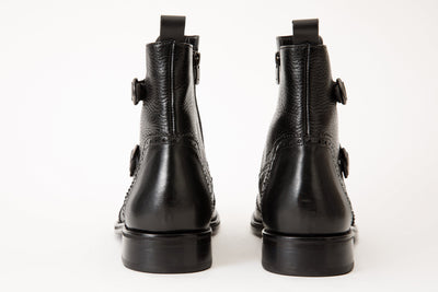 The Rand Black Leather Double Buckle Brogue Men Boot with a Zipper