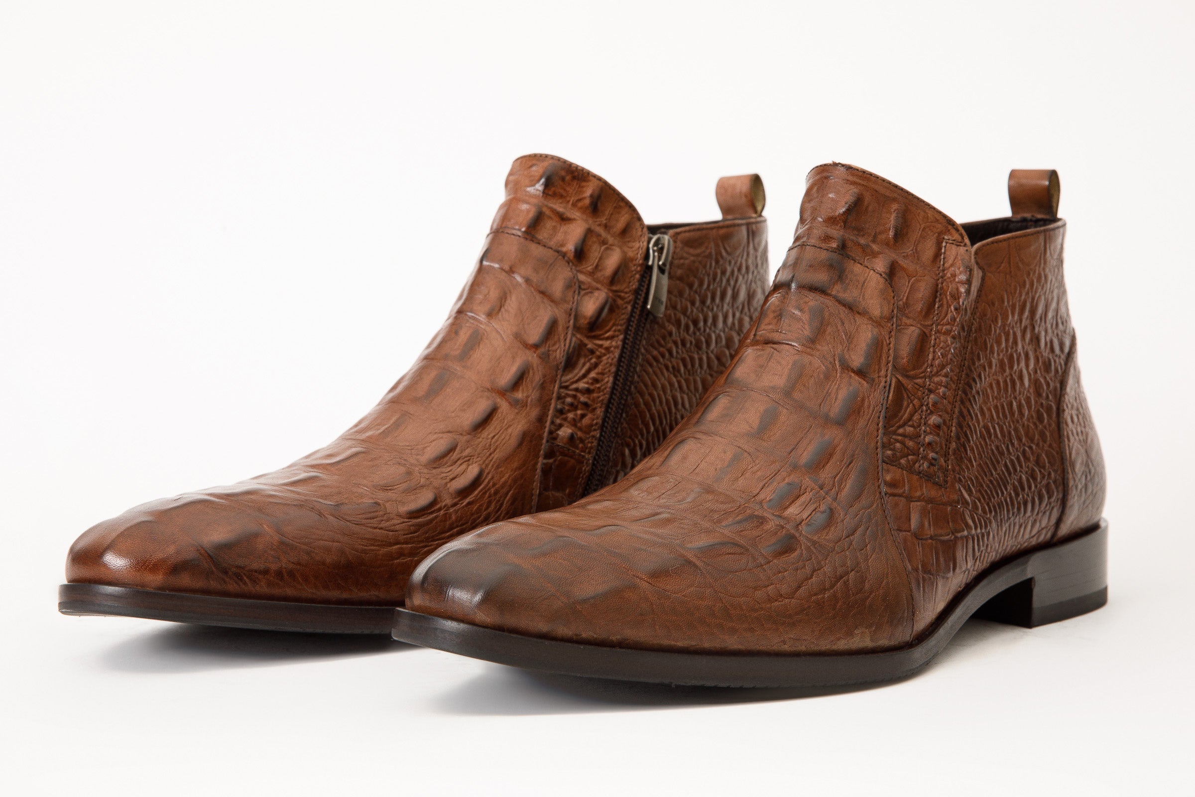 The Randor Brown Croc-Embossed Calf Leather Side-Zip Dress Ankle Men Boot