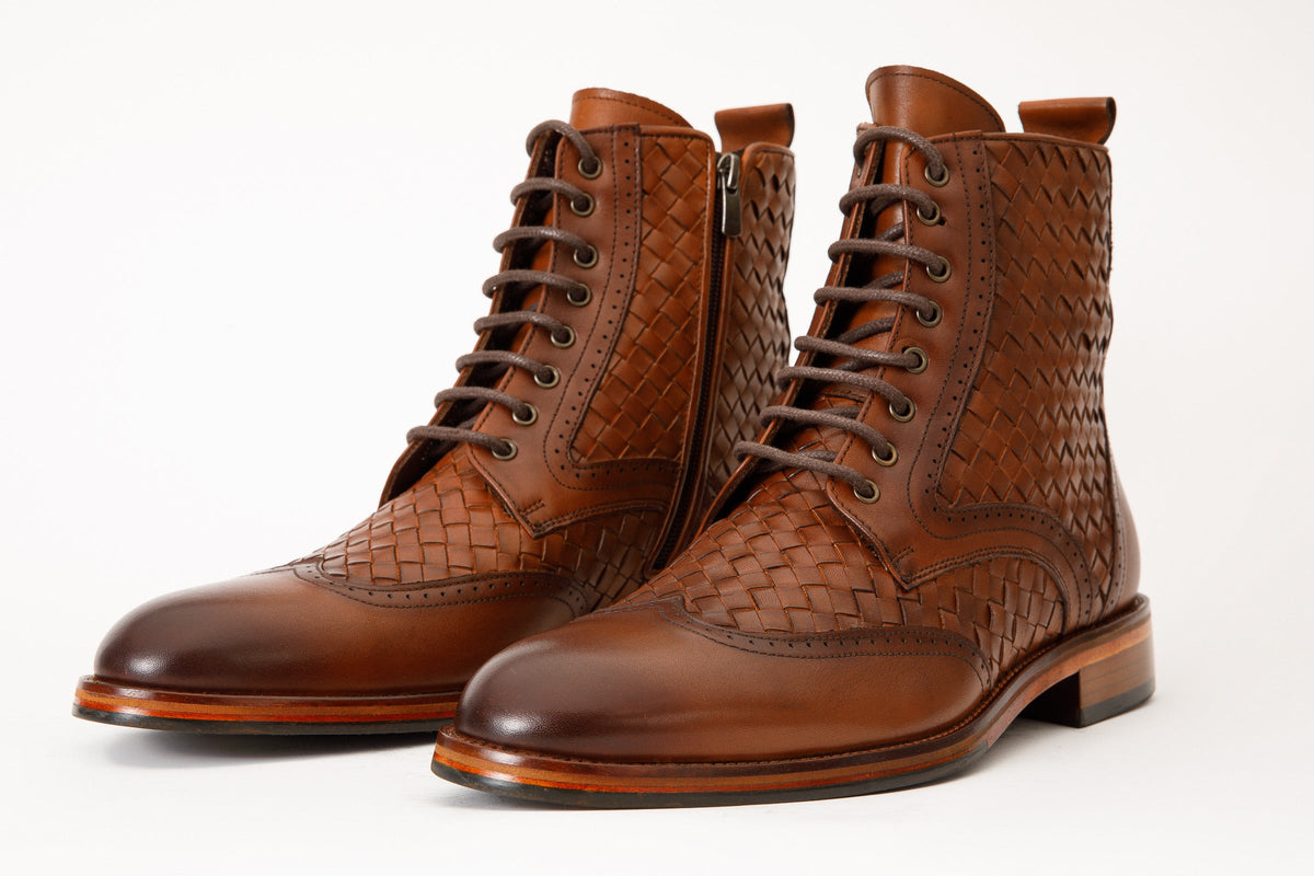 The Loddon Tan Leather Wingtip Brogue Handwoven Lace-Up Men Boot with a Zipper
