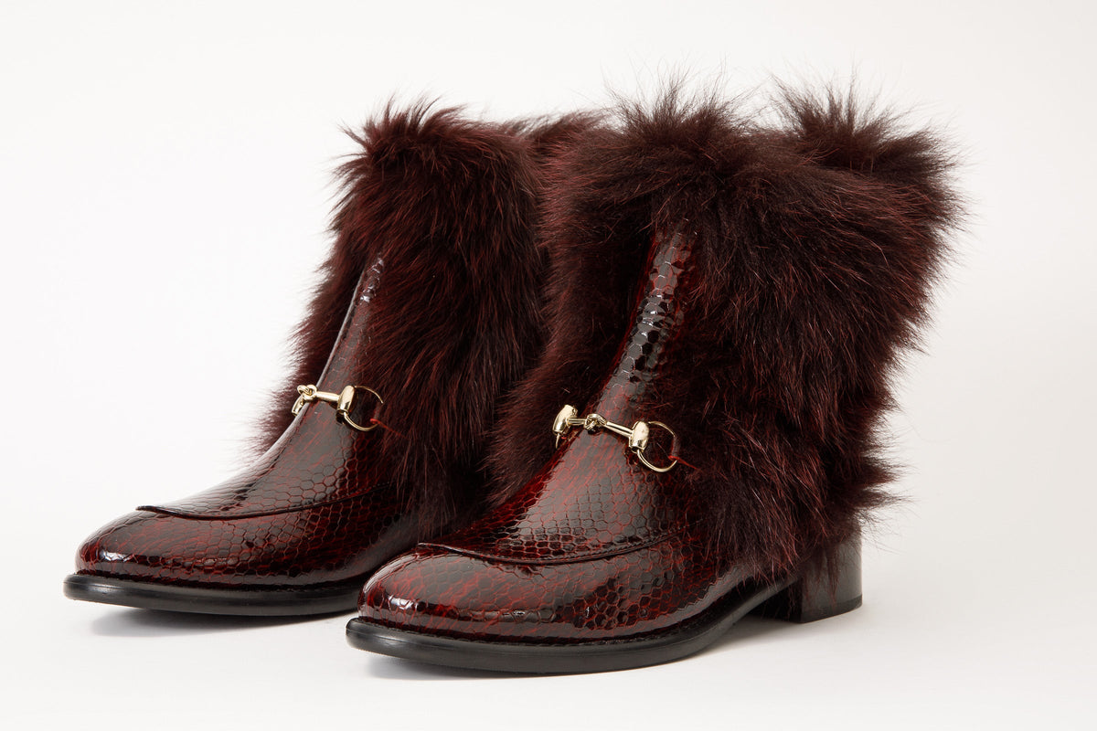 Vinci Leather The Izmir Burgundy Patent Leather Natural Fur Mid Calf Women Boot – product view 12