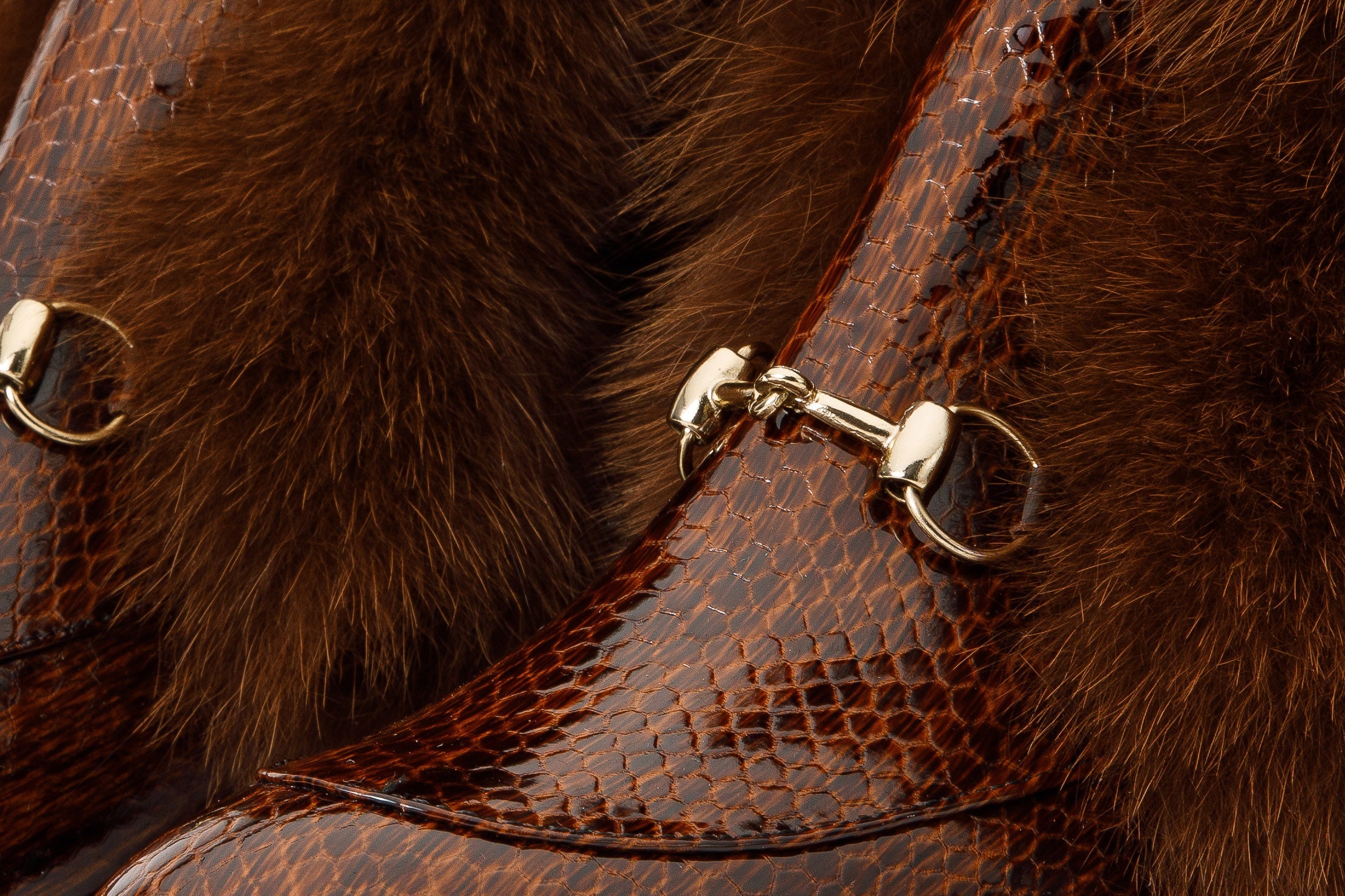 The Izmir Brown Patent Leather Natural Fur Mid Calf Women Boot