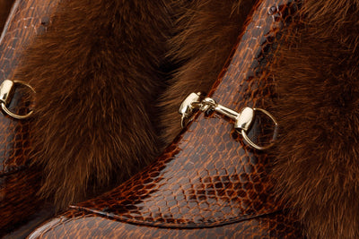 The Izmir Brown Patent Leather Natural Fur Mid Calf Women Boot