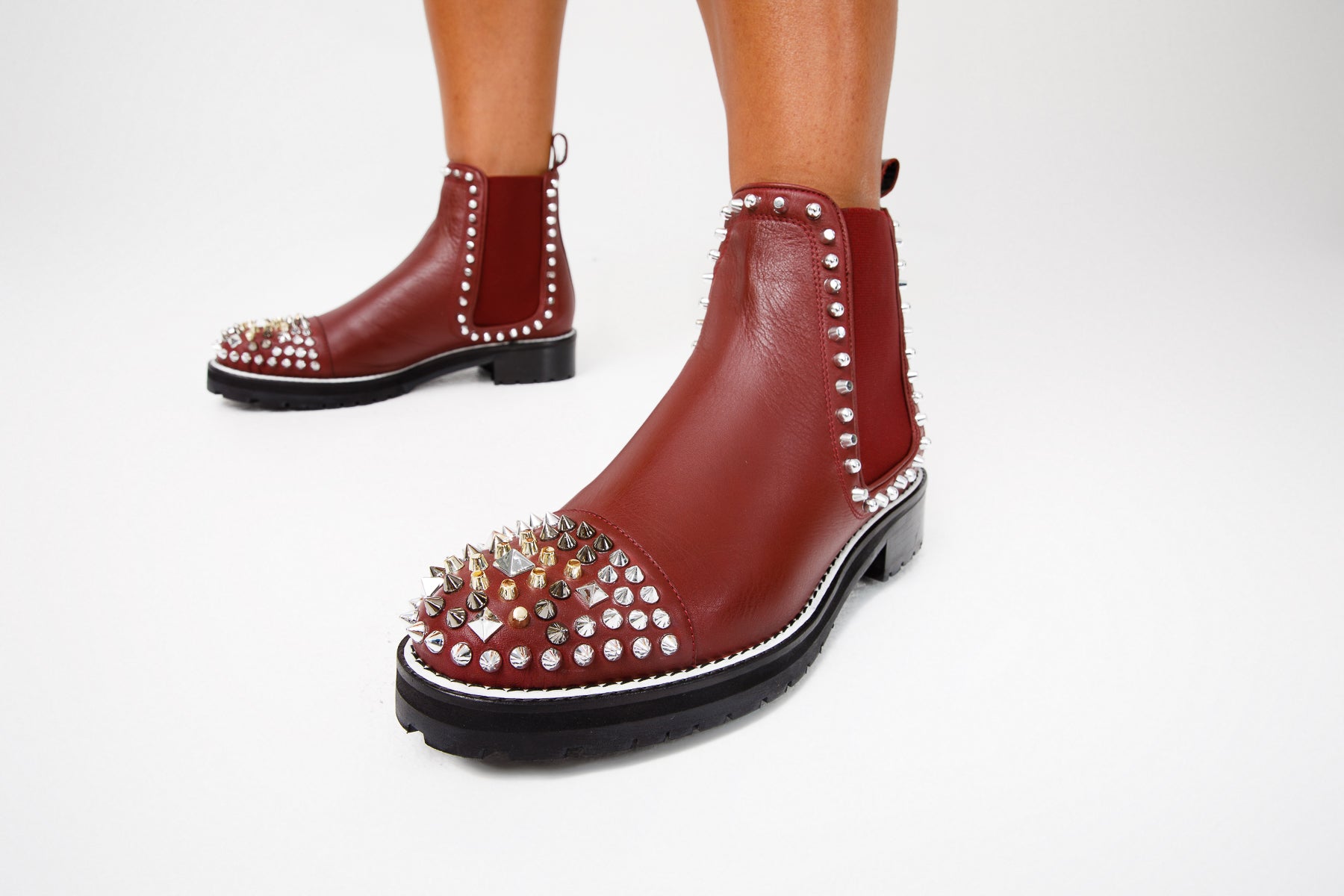 The Vuvulane Burgundy Spike Leather Ankle Women  Boot