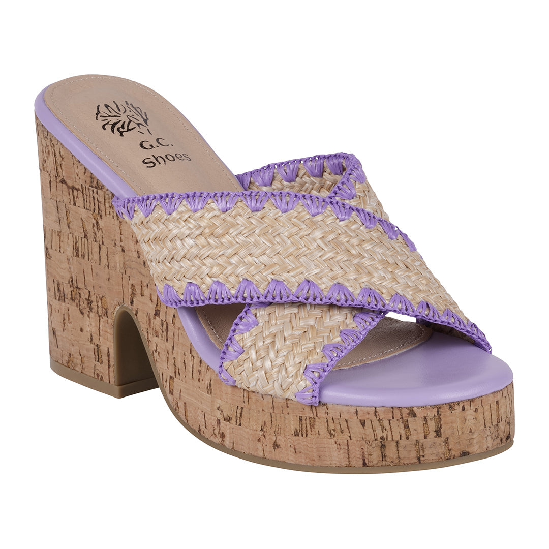 Elsa Lilac Woven Cross Strap Wooden Platform Heeled Sandals – product view 1