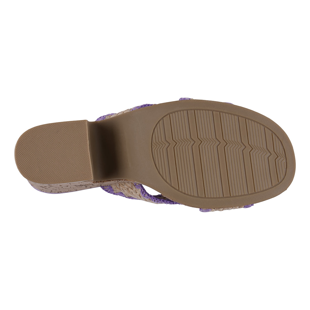 Elsa Lilac Woven Cross Strap Wooden Platform Heeled Sandals – sole view