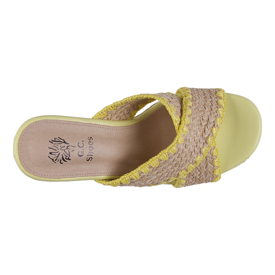 Elsa Yellow Woven Cross Strap Wooden Platform Heeled Sandals – top view