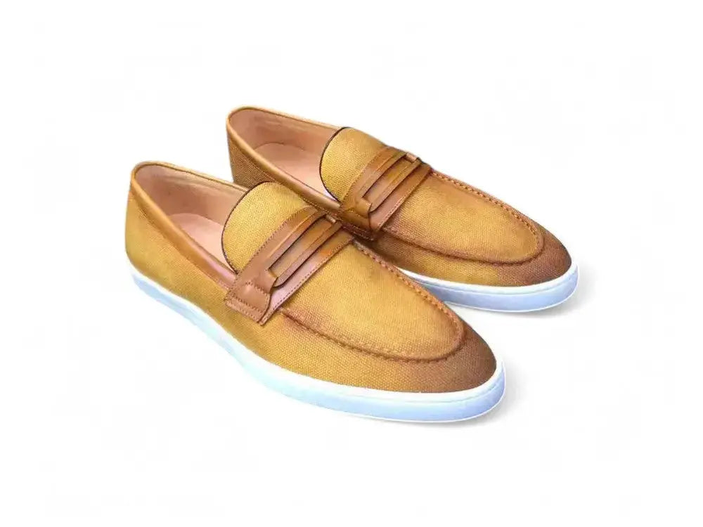 Carrucci Shoes Embossed Leather Strap Linen Sneaker Leather KS529 07 front view