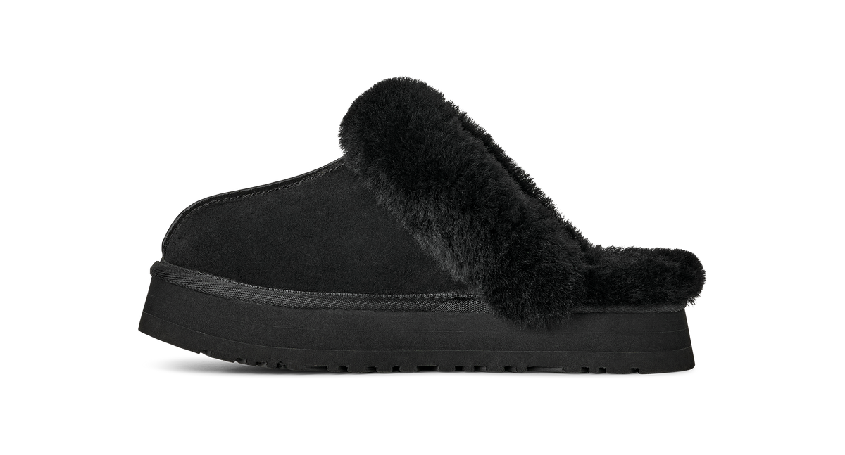 UGG Disquette Womens Platform Slippers — Black Suede