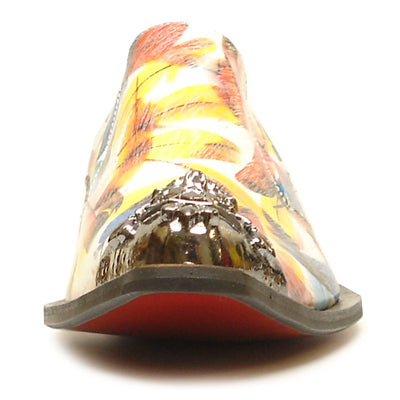 FI-6984 Genuine Leather with Multi Color Feathers Design Metal Tip Loafer