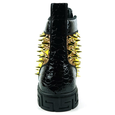 FI-2369 Black Gold Glitter Gold Spikes Lace up High top Sneaker Encore by Fiesso