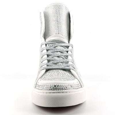 FI-2402 White Suede Clear Rhinestones High Top Sneaker Encore by Fiesso