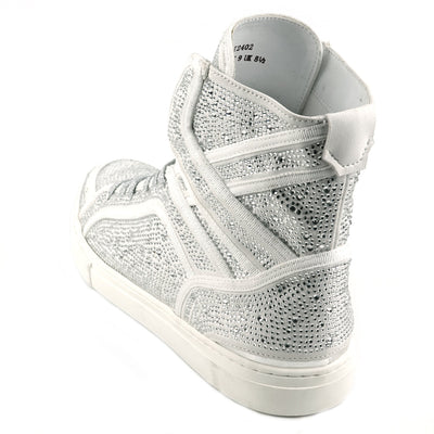 FI-2402 White Suede Clear Rhinestones High Top Sneaker Encore by Fiesso