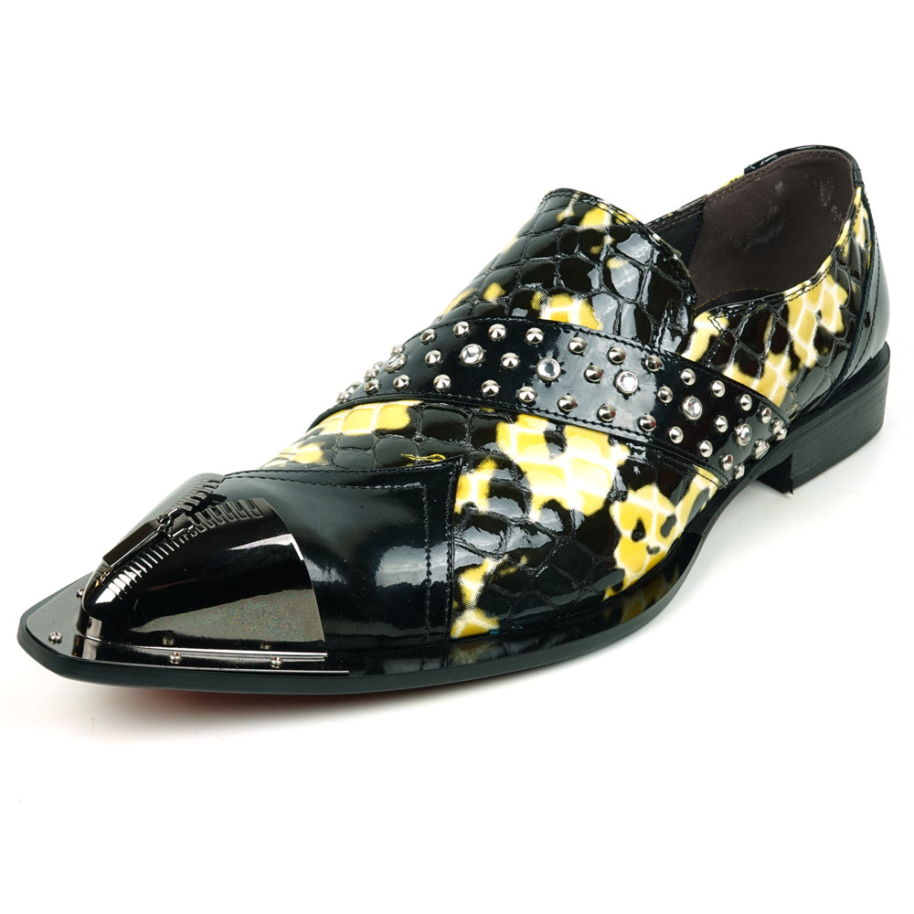 FI-6942 Black/White Genuine Patent Leather Shoe by Fiesso Gun Metal Tip Slip on