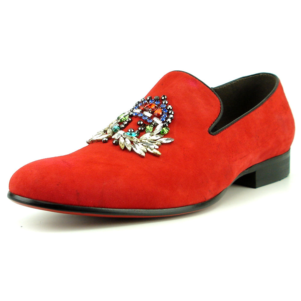 FI-7355 Red Suede Multi Color Rhinestone Ornament Slip on Fiesso by Aurelio Garcia