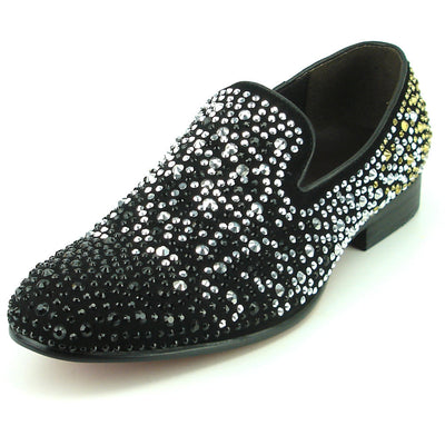 FI-7359 Black Suede Black/Silver/Gold Rhinestones Slip on Fiesso by Aurelio Garcia