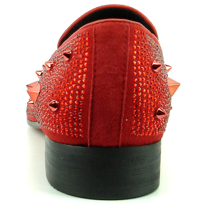 FI-7364-R Red Suede Red Rhinestones Spikes Slip on Loafer Fiesso by Aurelio Garcia