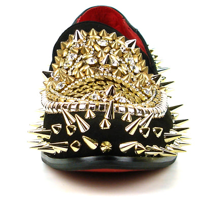 FI-7510 Black Suede Gold Rhinestones Spikes Slip on Loafer Fiesso by Aurelio Garcia