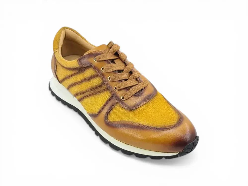 Carrucci Shoes Fashion Sneaker Calfskin Leather And Canvas Inlay Design view 6