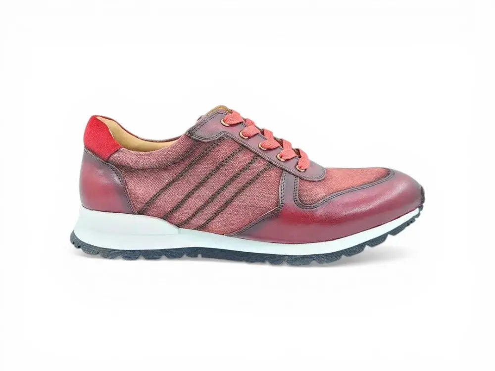 Carrucci Shoes Fashion Sneaker Calfskin Leather And Canvas Inlay Design front view