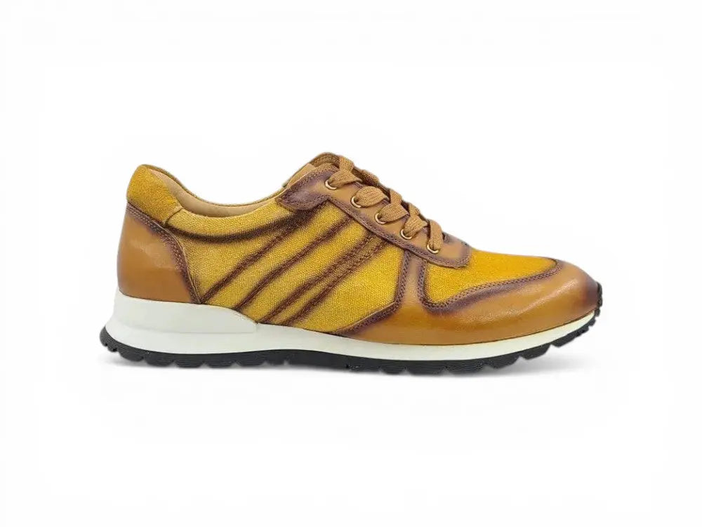 Carrucci Shoes Fashion Sneaker Calfskin Leather And Canvas Inlay Design top view