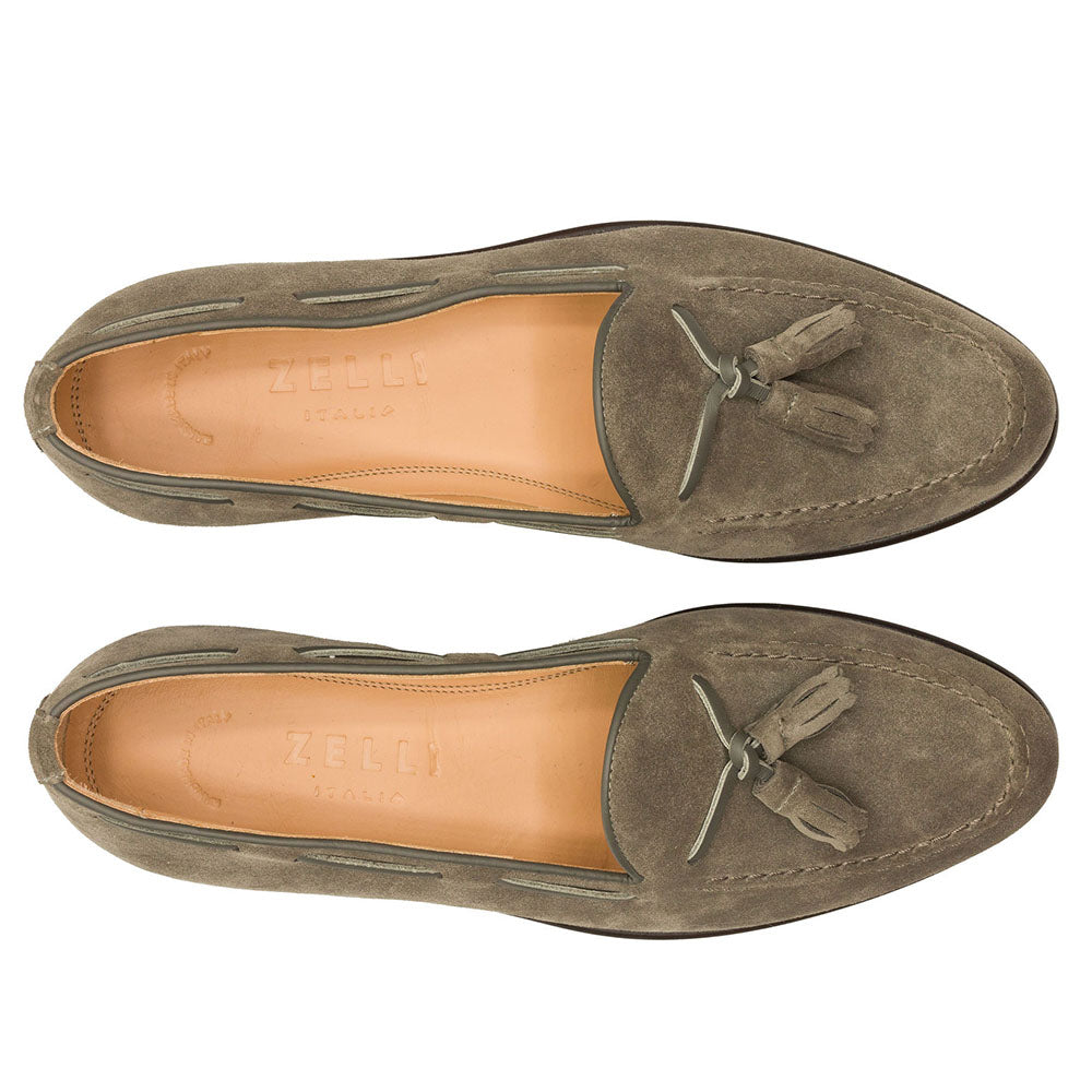 Zelli Italia 16-583-TPE FRANCO Suede Calfskin Tassel Loafer, Taupe Angled View