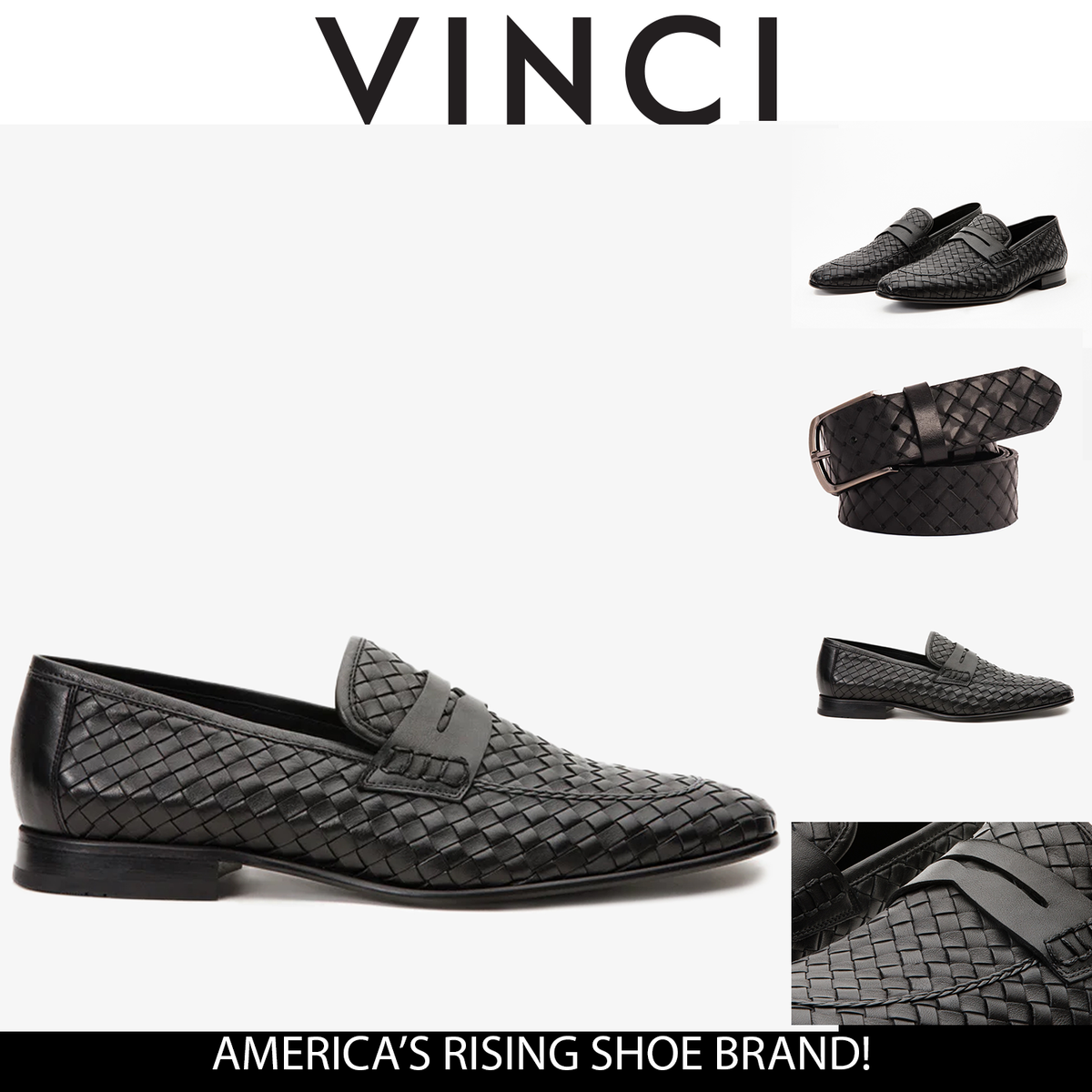 Vinci Leather The Grand Woven Leather Black  Men Shoe Penny Loafer – product view 3