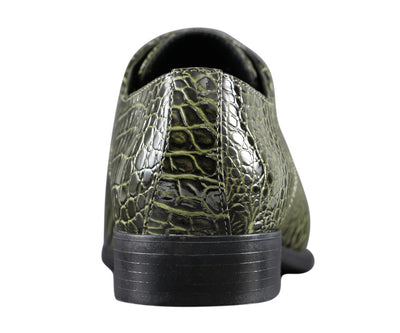 Amali Harvey Croc Embossed Men's Olive Green Animal Print Leather Exotic Oxford Shoes