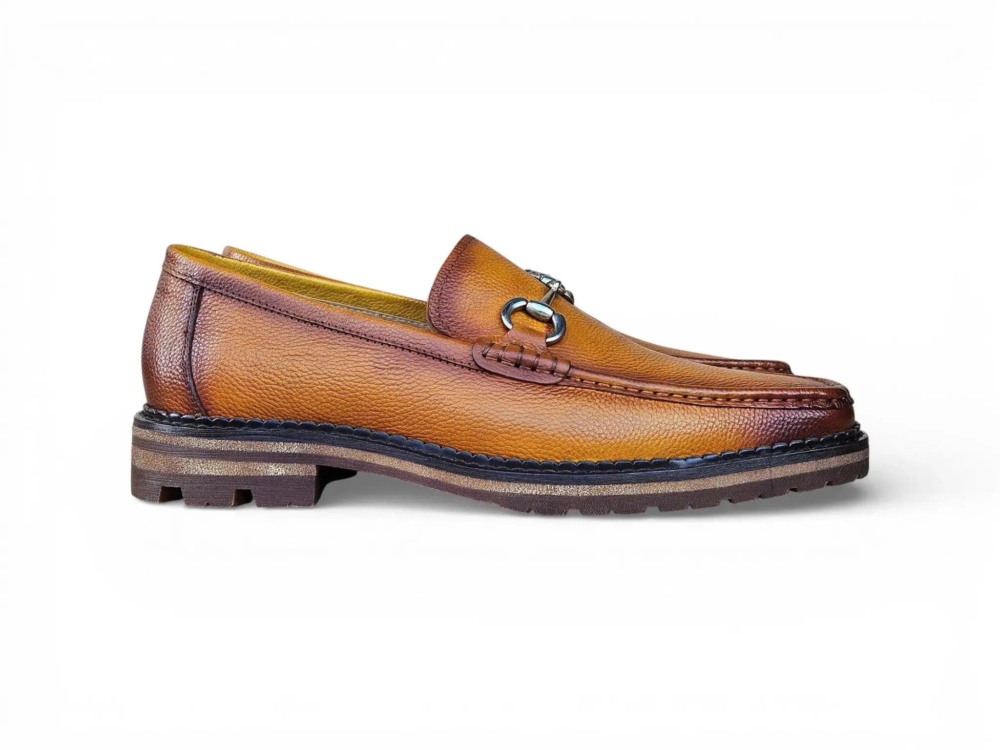 Carrucci Shoes CARRUCCI Men’s Horsebit Loafer Lug Sole Pebble Calfskin top view