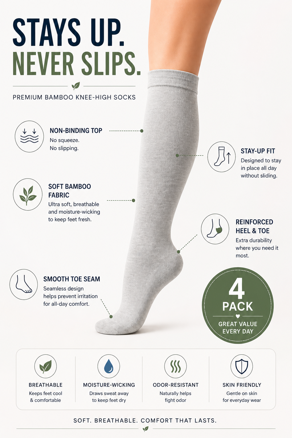Women’s Bamboo Knee-High Socks 4-Pack – Soft & Breathable