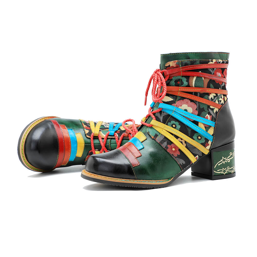 Vintage Handcrafted Colorful Strap Patchwork Ankle Boots