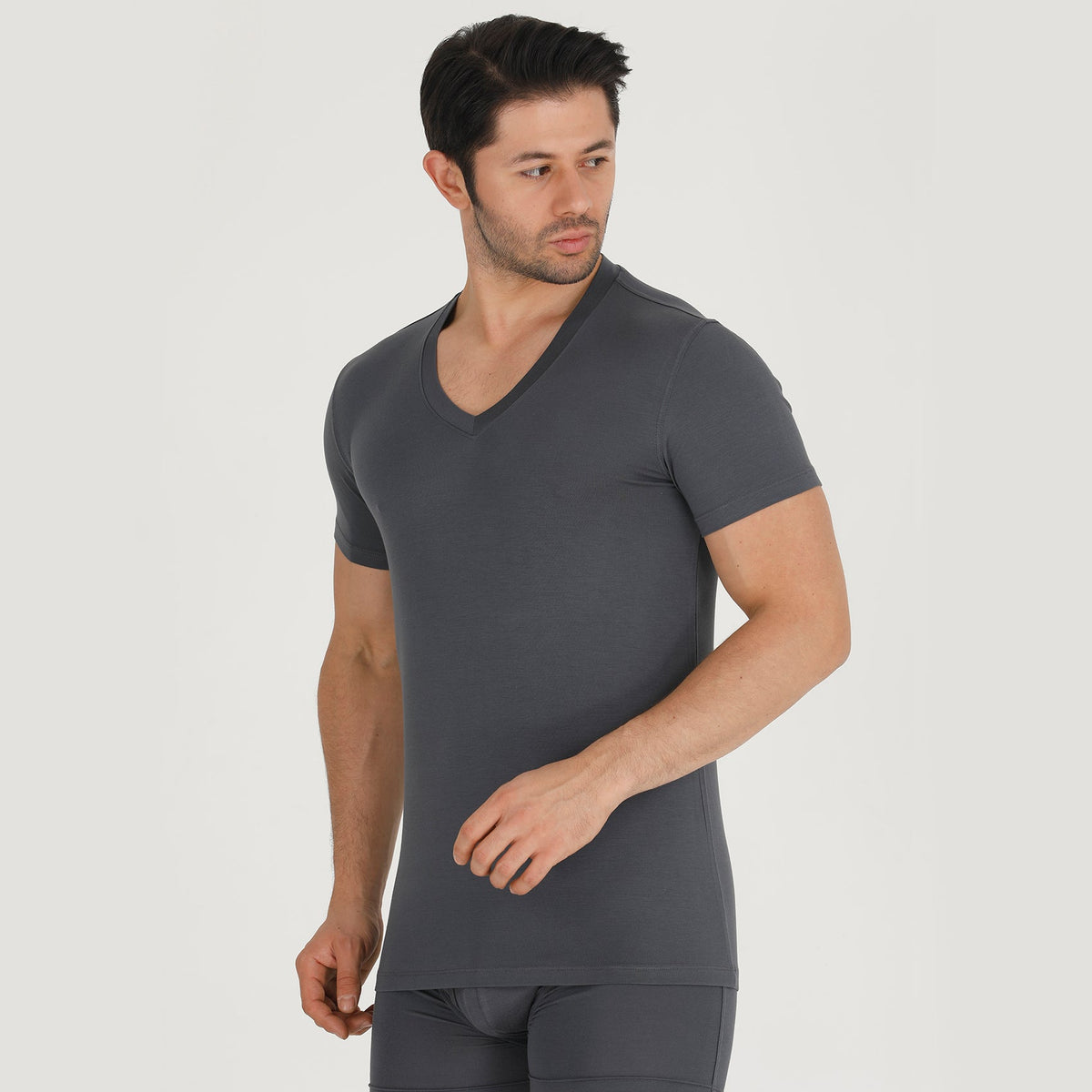 Bambooven V-neck undershirt in Gray, on-model front three-quarter view