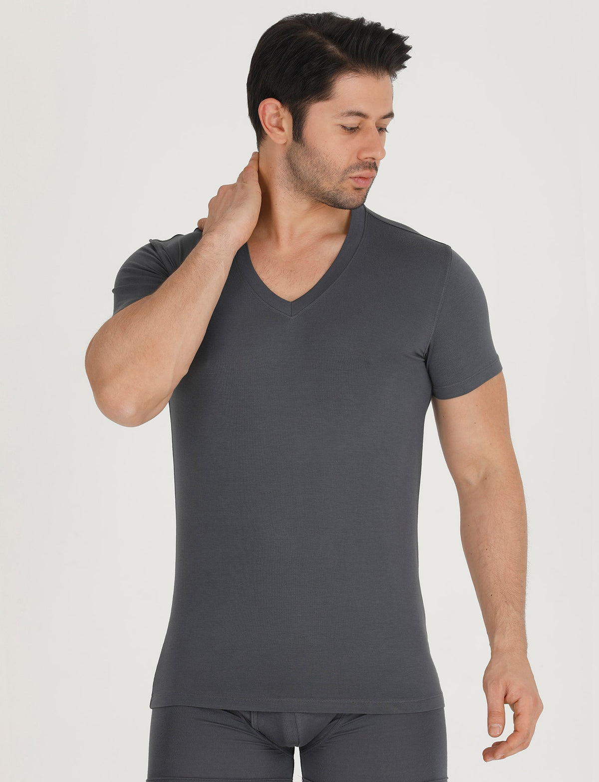 Bambooven V-neck undershirt in Gray, on-model side three-quarter view
