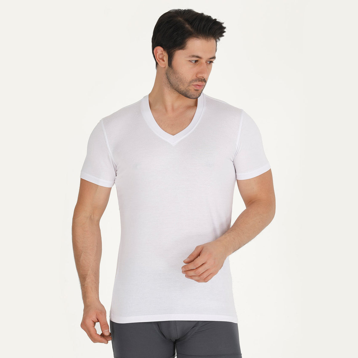 Bambooven V-neck undershirt in White, on-model front view