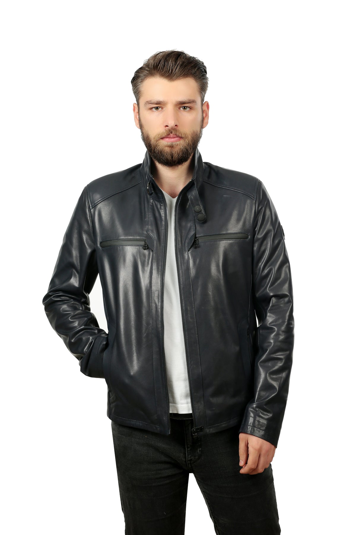 Vinci Leather The Leroy Navy Blue Leather Men Jacket – product view 1