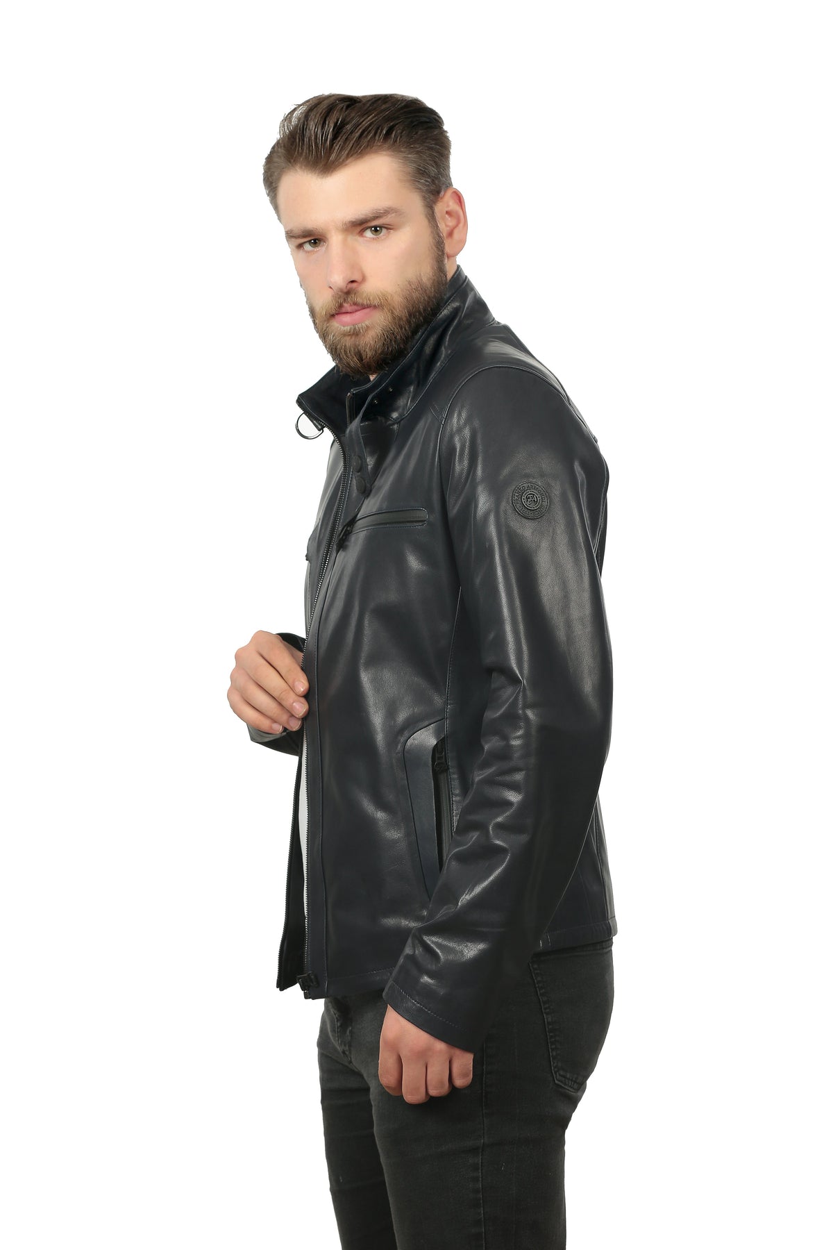 Vinci Leather The Leroy Navy Blue Leather Men Jacket – product view 2