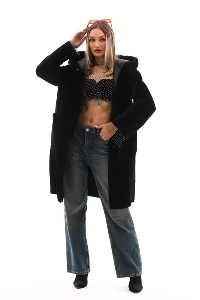 The VESARA Reversible Shearling Women Leather Coat – Jet Black