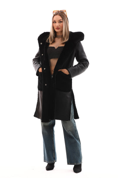 The VESARA Reversible Shearling Women Leather Coat – Jet Black