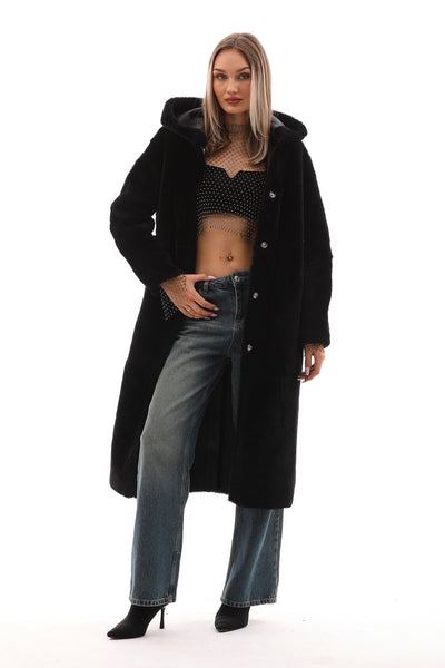 The Virella Reversible Hooded Shearling Black Leather Women Jacket
