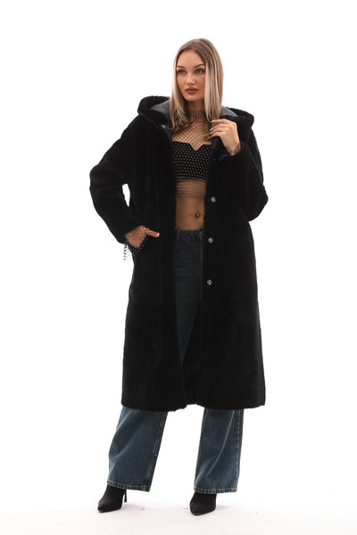 The Virella Reversible Hooded Shearling Black Leather Women Jacket