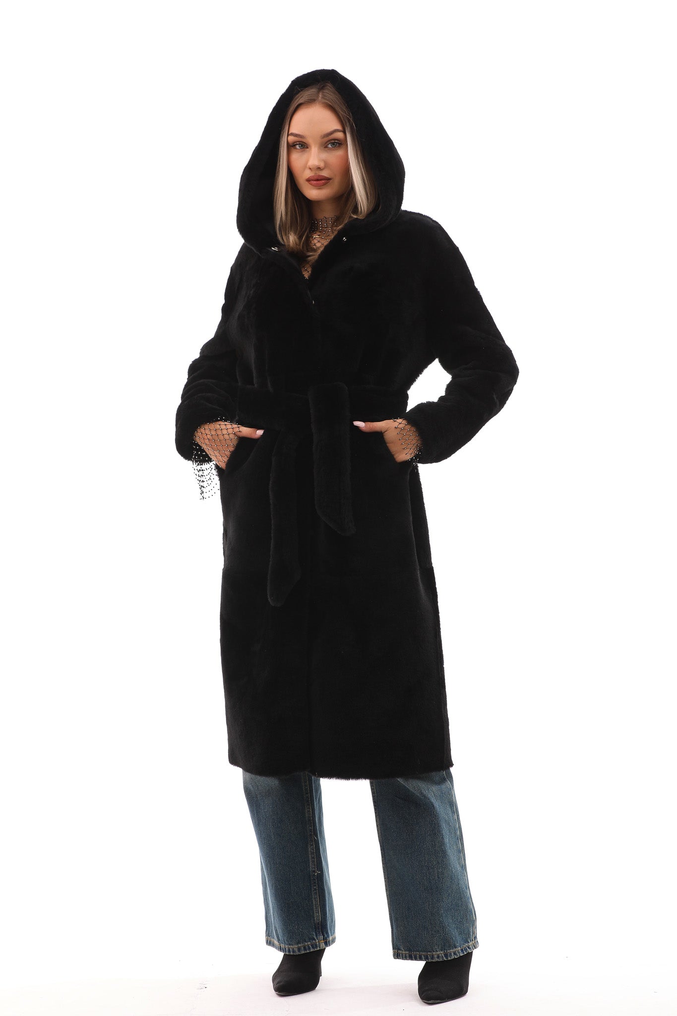 The Virella Reversible Hooded Shearling Black Leather Women Jacket