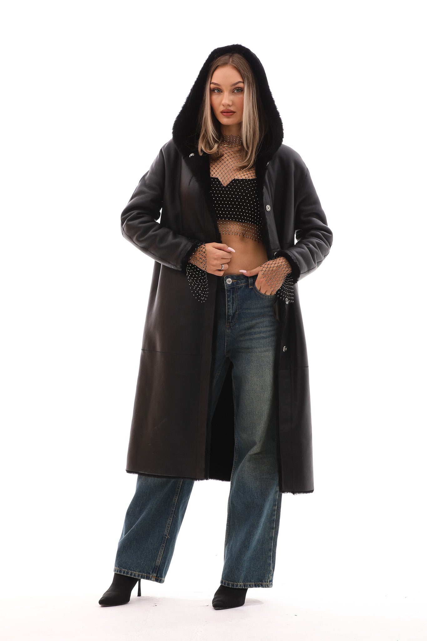 The Virella Reversible Hooded Shearling Black Leather Women Jacket