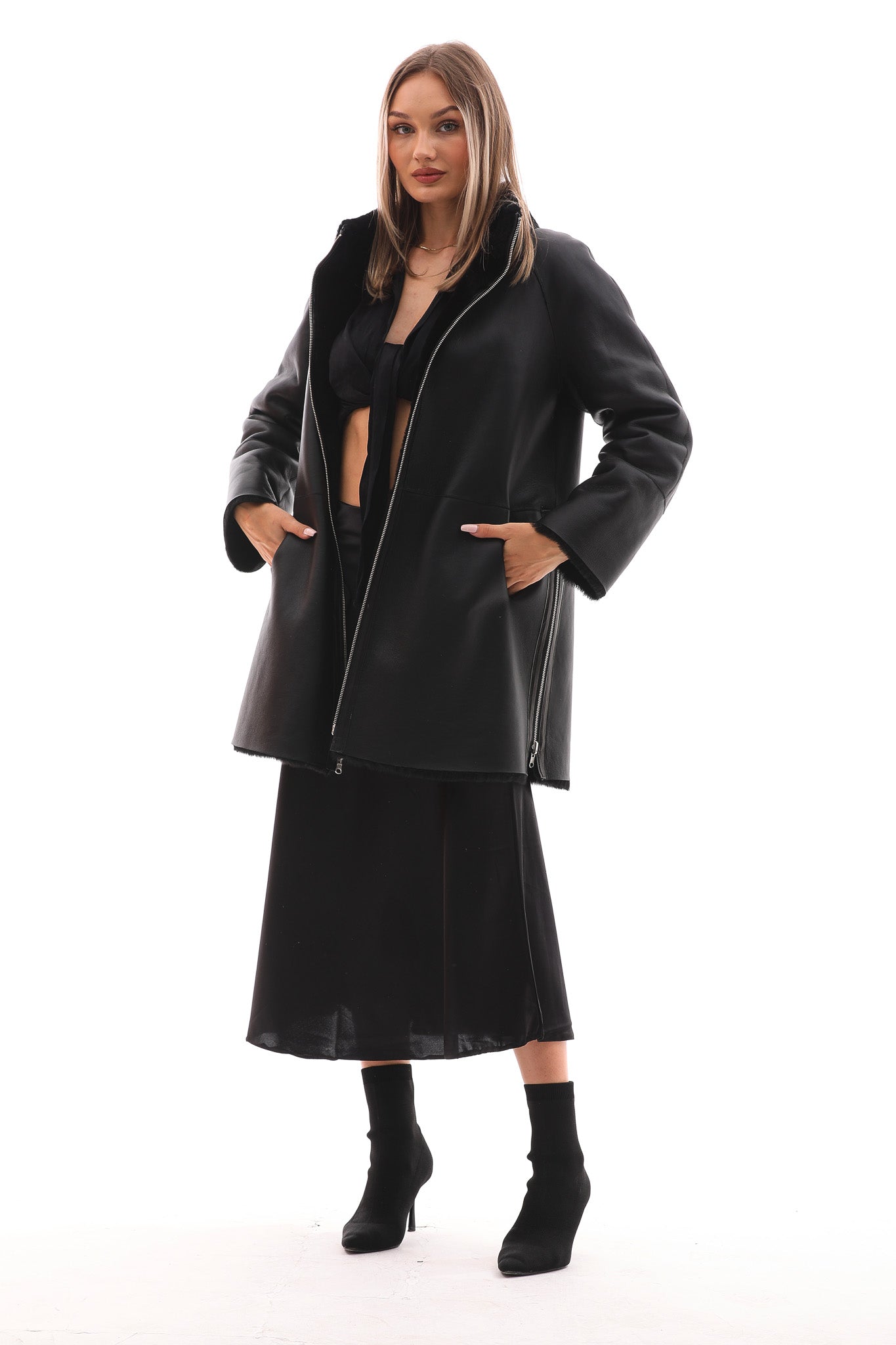 The Nyra Black Reversible Shearling Women Leather Jacket