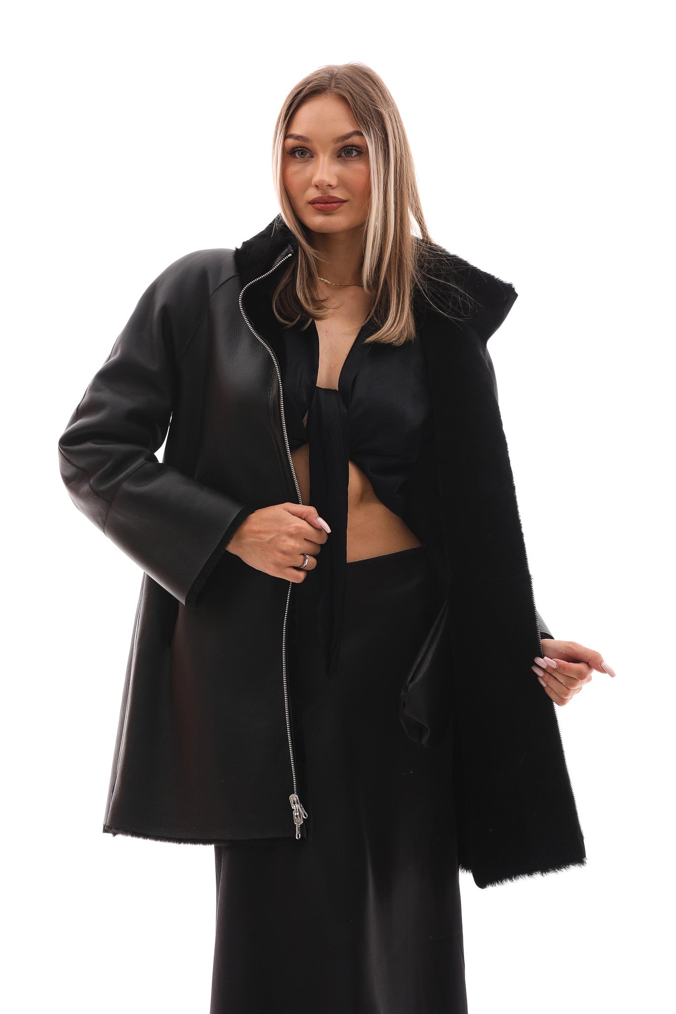 The Nyra Black Reversible Shearling Women Leather Jacket