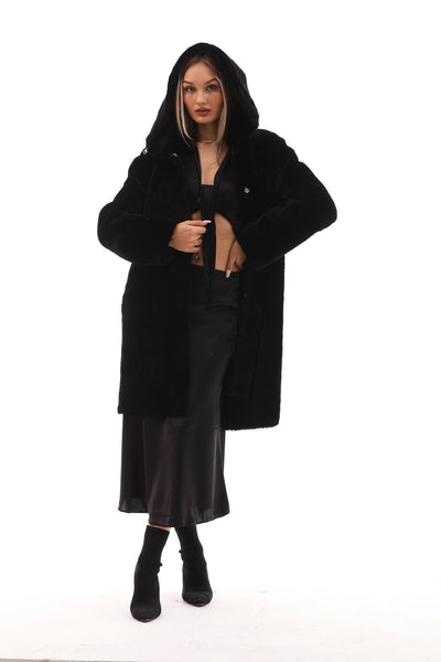 The Noctura Reversible Hooded Shearling Black Leather Jacket