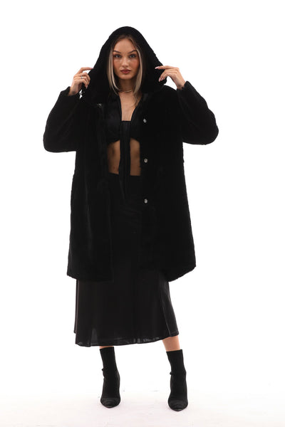 The Noctura Reversible Hooded Shearling Black Leather Jacket