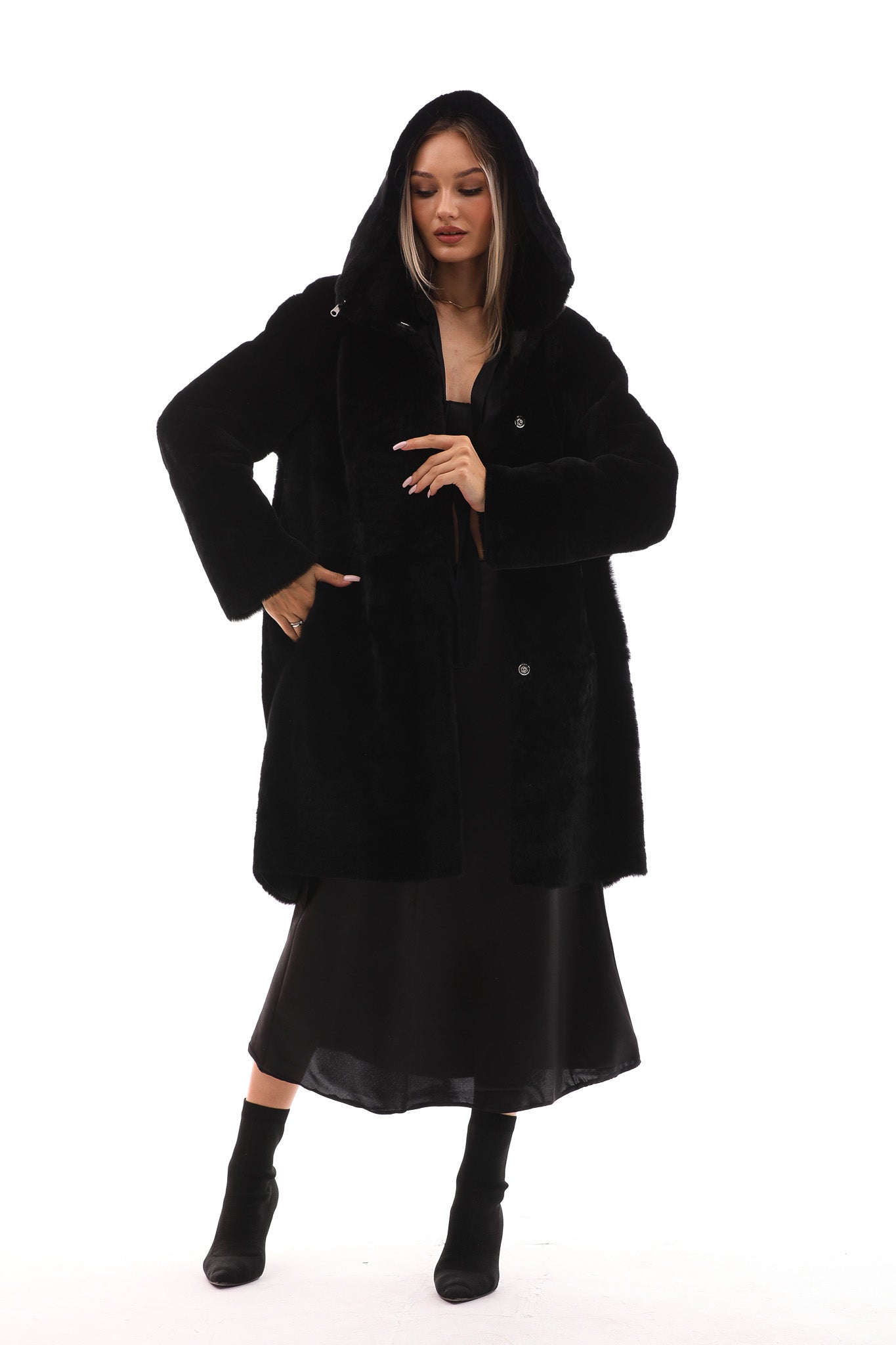 The Noctura Reversible Hooded Shearling Black Leather Jacket