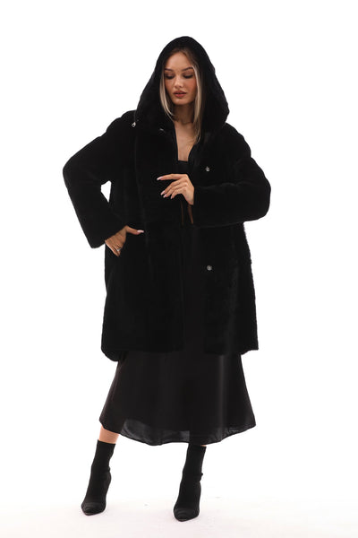 The Noctura Reversible Hooded Shearling Black Leather Jacket