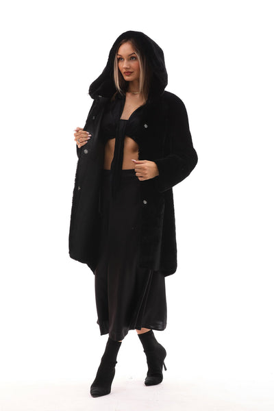 The Noctura Reversible Hooded Shearling Black Leather Jacket